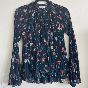 Anthropologie Current Air Navy Floral Flowy Ribbon Pleated Bell Sleeve Blouse